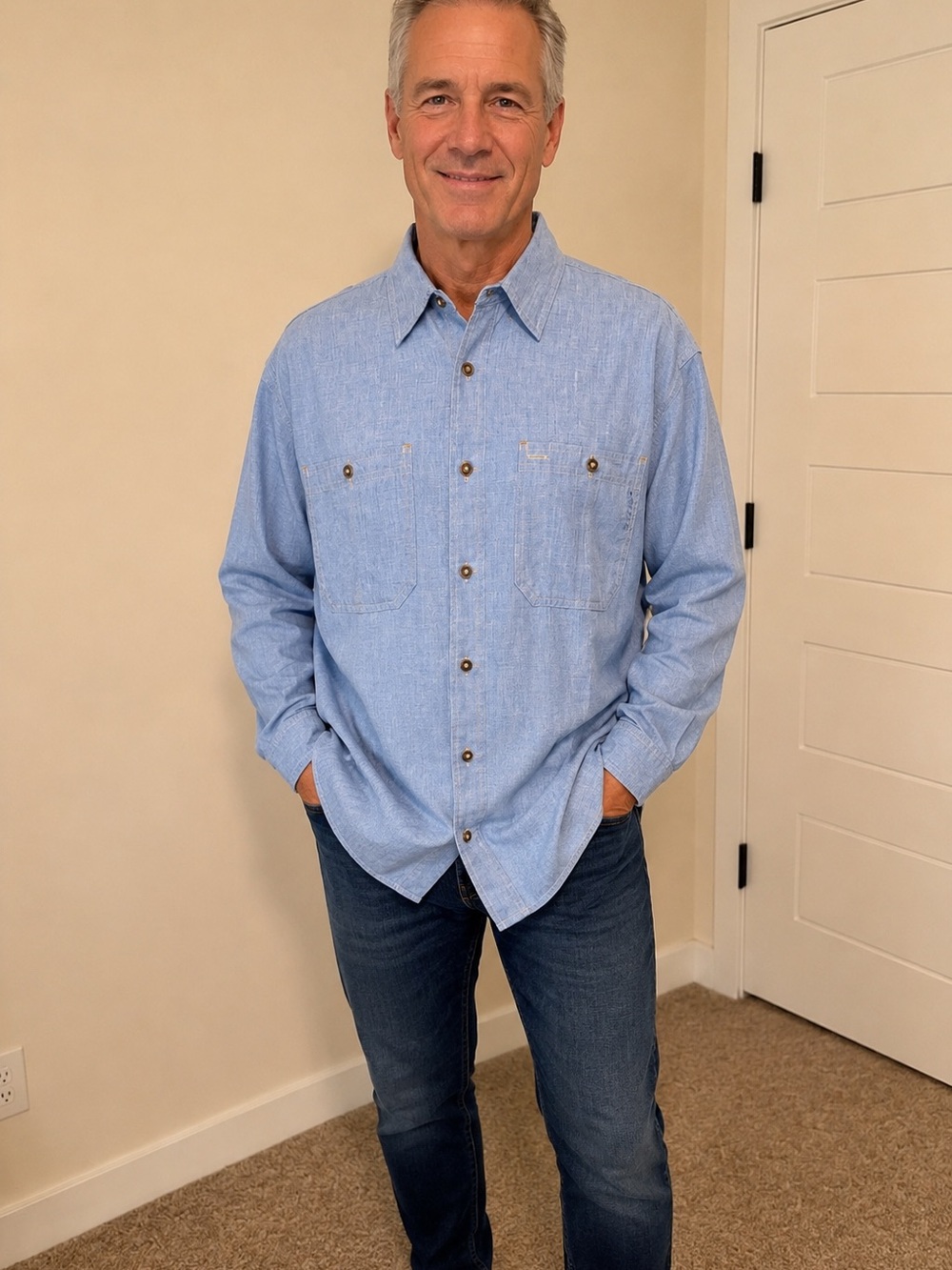 Men’s Orvis Sky Blue Button-Down Shirt with Embroidered Logo